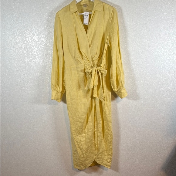 Magaschoni Lemon Yellow Linen Collared Midi Wrap Dress Size 6 NWT - Picture 1 of 7